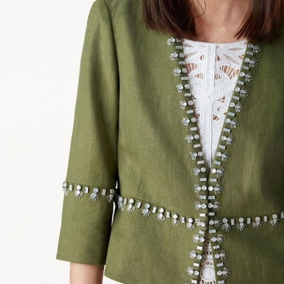 Tory Burch Avery Hills Linen Blend Rhinestone 3/4 Sleeve Jacket Green Size 4 - Picture 8 of 8